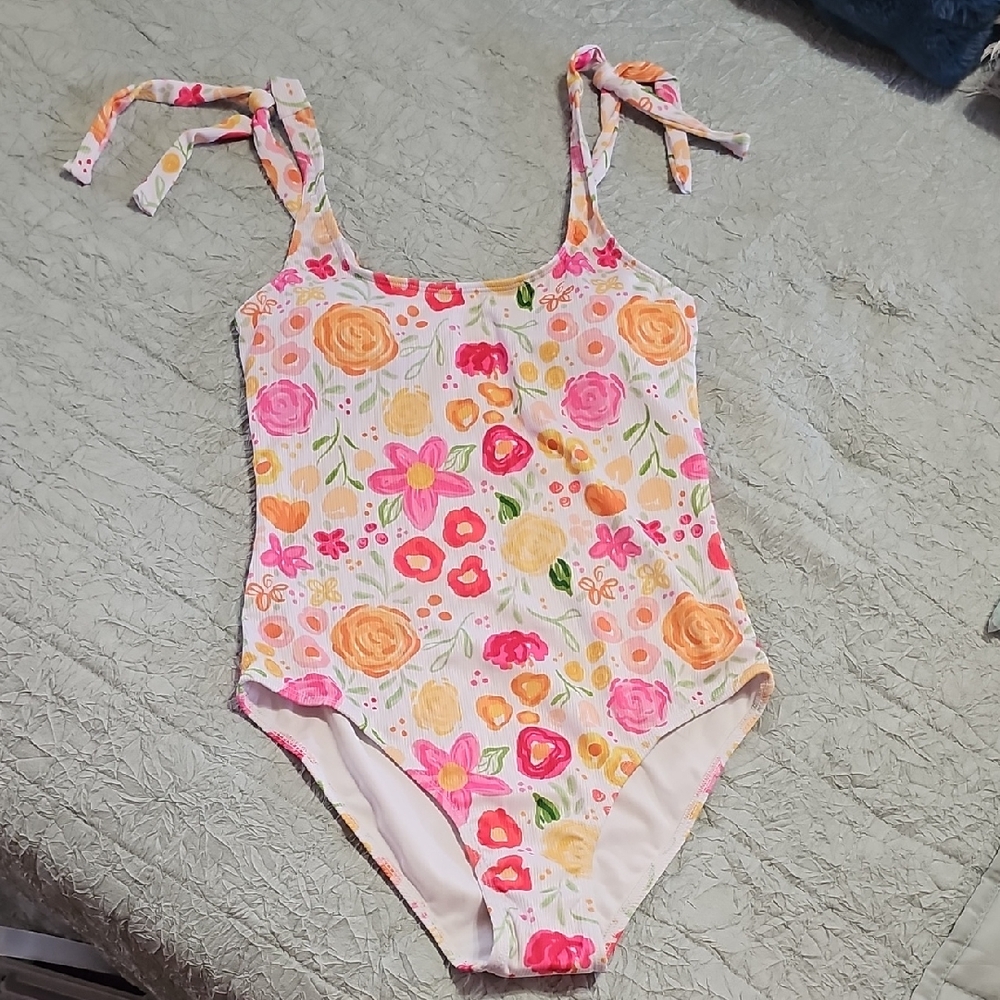 Floral Tie-Shoulder One-Piece Swimsuit - Pink & Orange